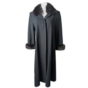 VTG Marvin Richards Long Black Lambswool Dress Coat Women 16 Fox Fur Collar Cuff